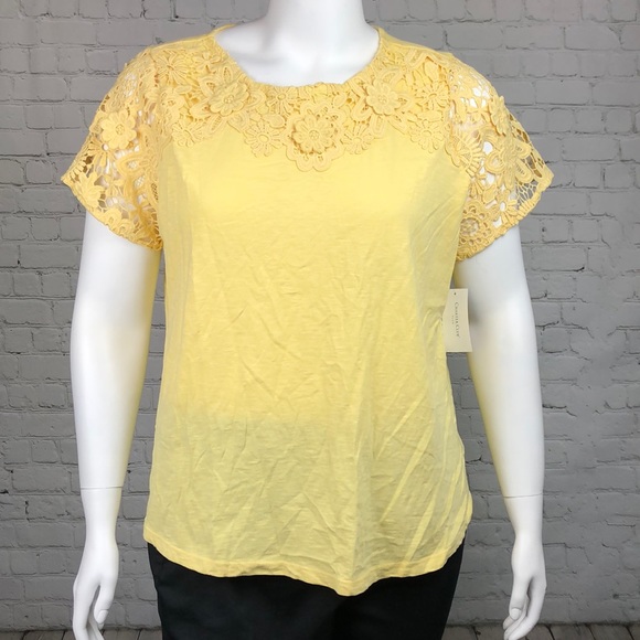 1X 2X 3X Charter Club Yellow Lace Short Sleeve Top - Picture 2 of 5